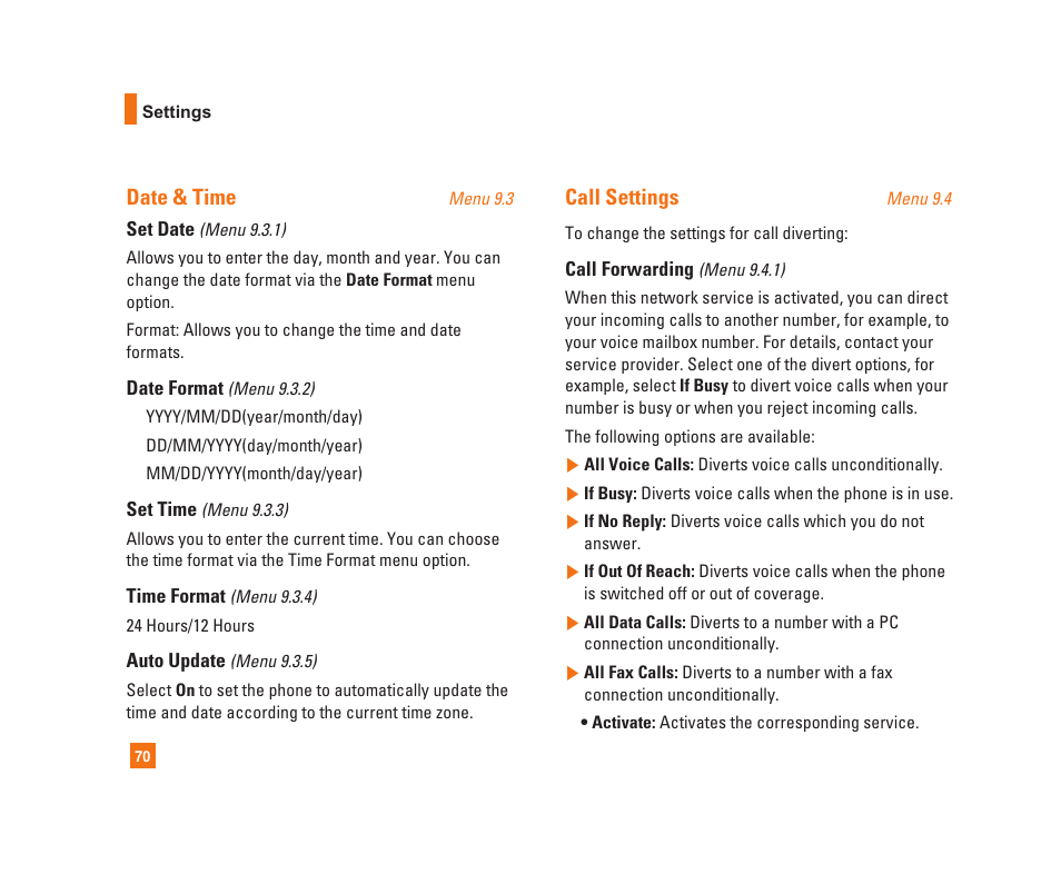Date & time, Call settings | LG C1300i User Manual | Page 70 / 96