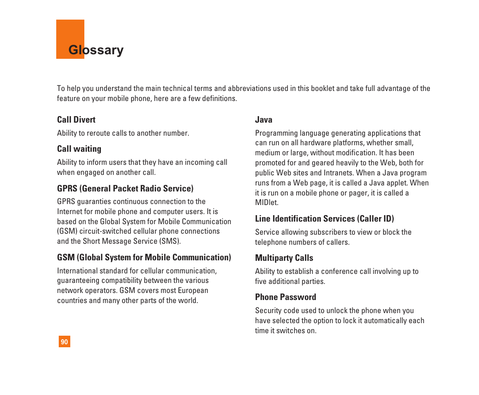 Glossary | LG C1300i User Manual | Page 90 / 96