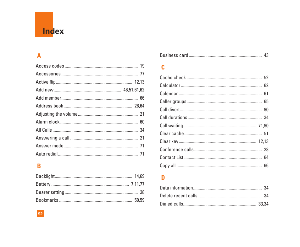 Index | LG C1300i User Manual | Page 92 / 96