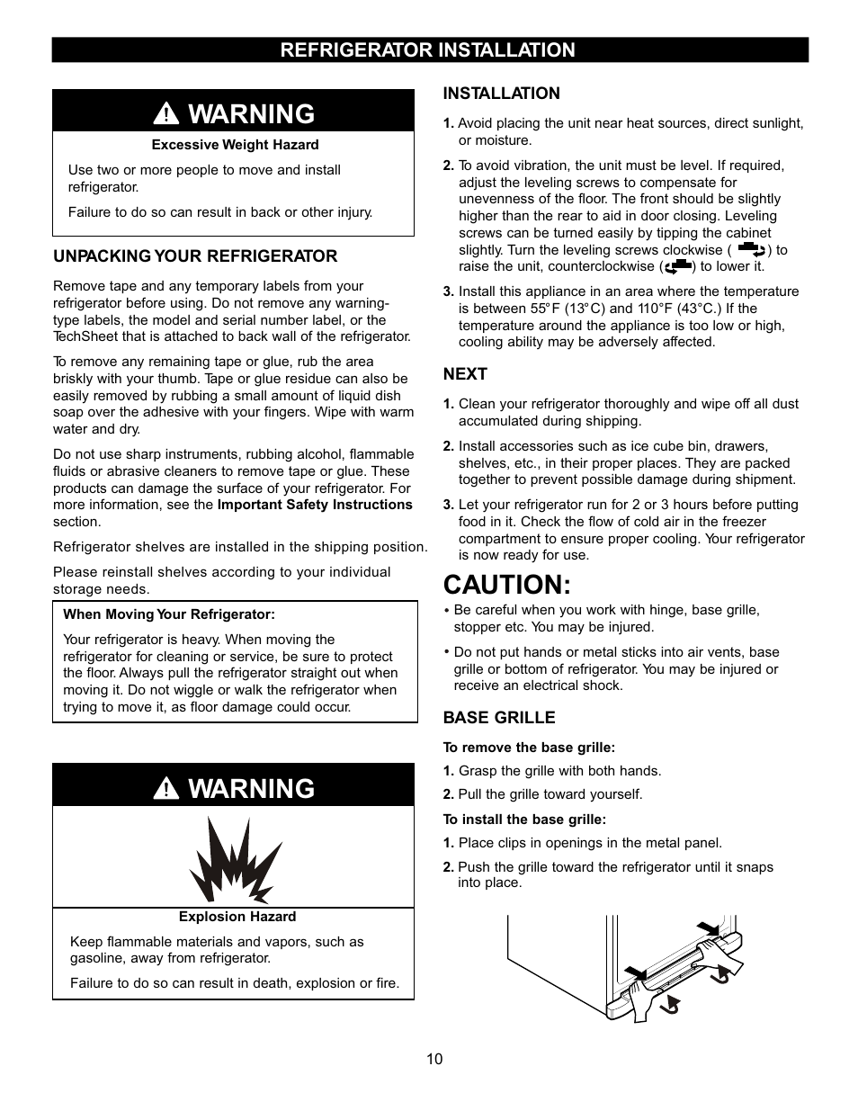 Caution, Warning, Refrigerator installation | LG LBC2251 User Manual | Page 10 / 38