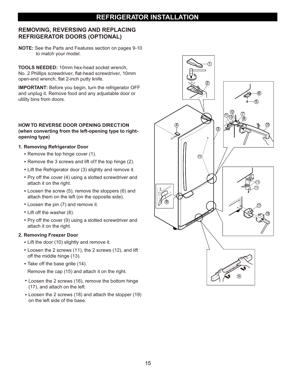 Refrigerator installation | LG LBC2251 User Manual | Page 15 / 38