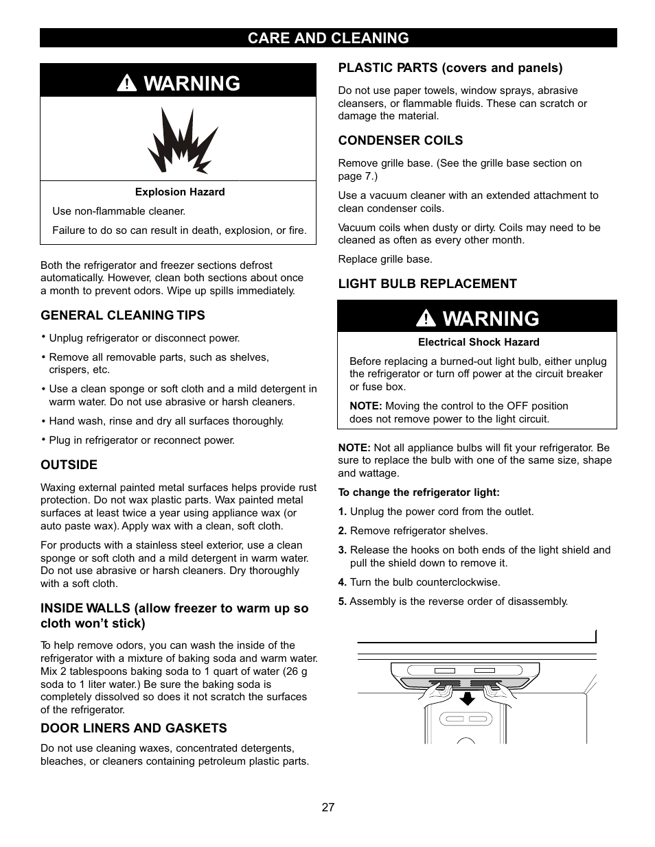 Warning, Care and cleaning | LG LBC2251 User Manual | Page 27 / 38
