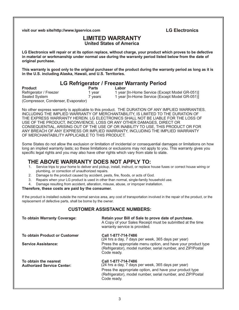 Limited warranty, Lg refrigerator / freezer warranty period, The above warranty does not apply to | LG LBC2251 User Manual | Page 3 / 38
