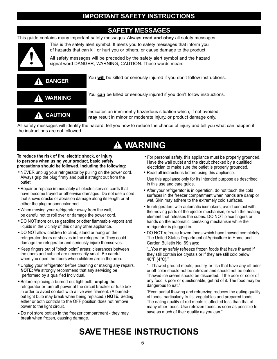 Warning, Save these instructions, Safety messages | Important safety instructions | LG LBC2251 User Manual | Page 5 / 38