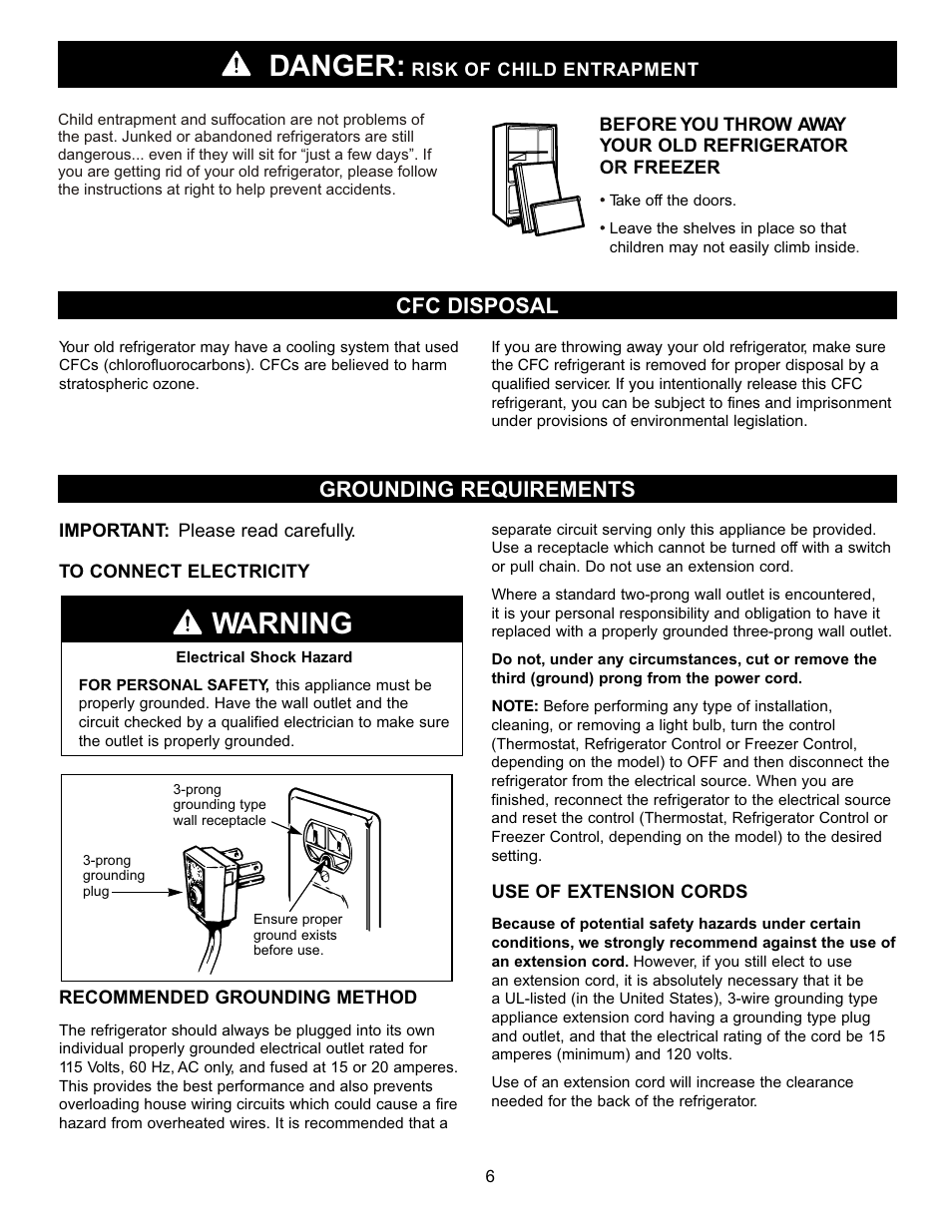 Warning, Danger, Cfc disposal grounding requirements | LG LBC2251 User Manual | Page 6 / 38