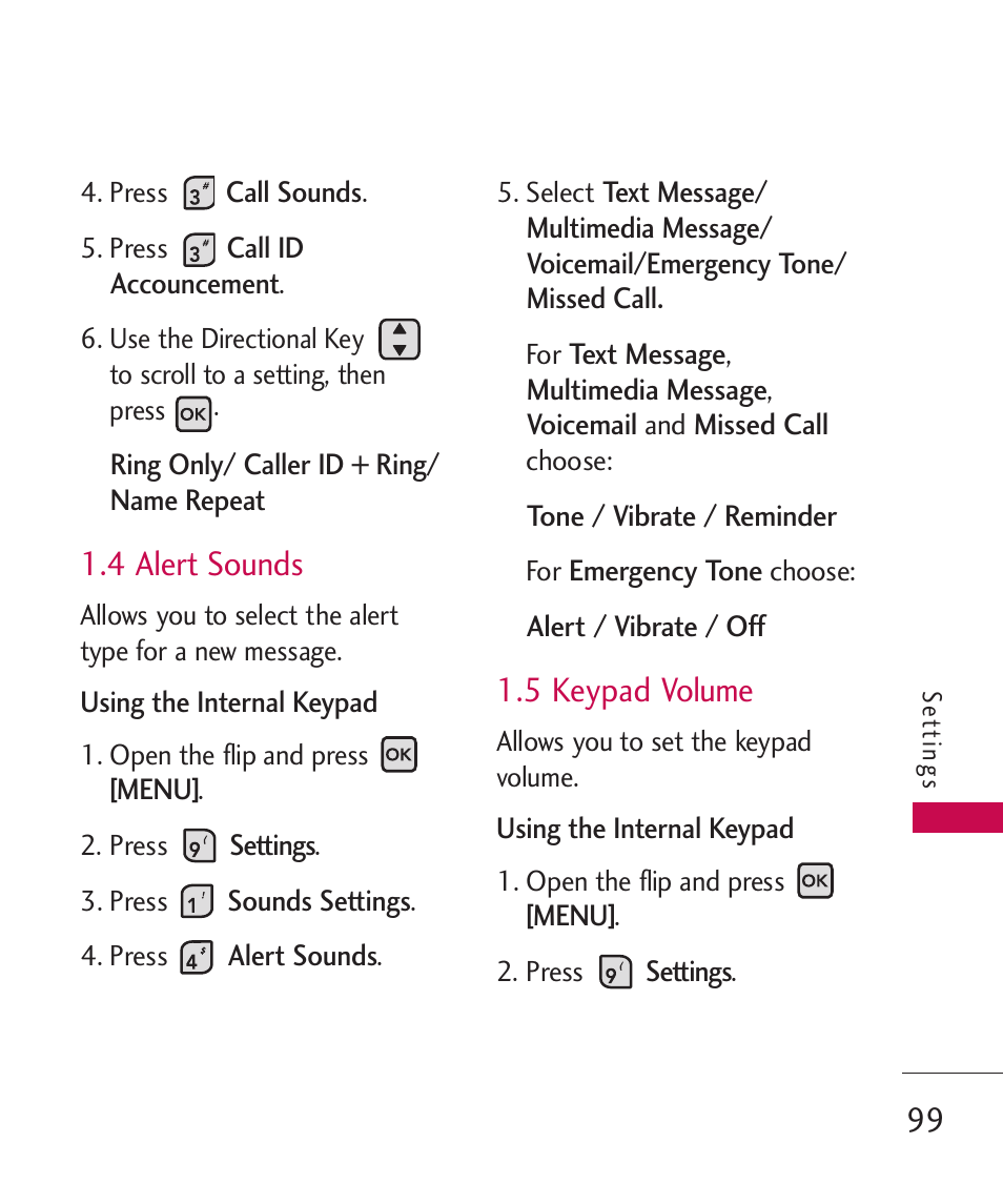 4 alert sounds, 5 keypad volume | LG ELLIPSE 9250 User Manual | Page 101 / 169