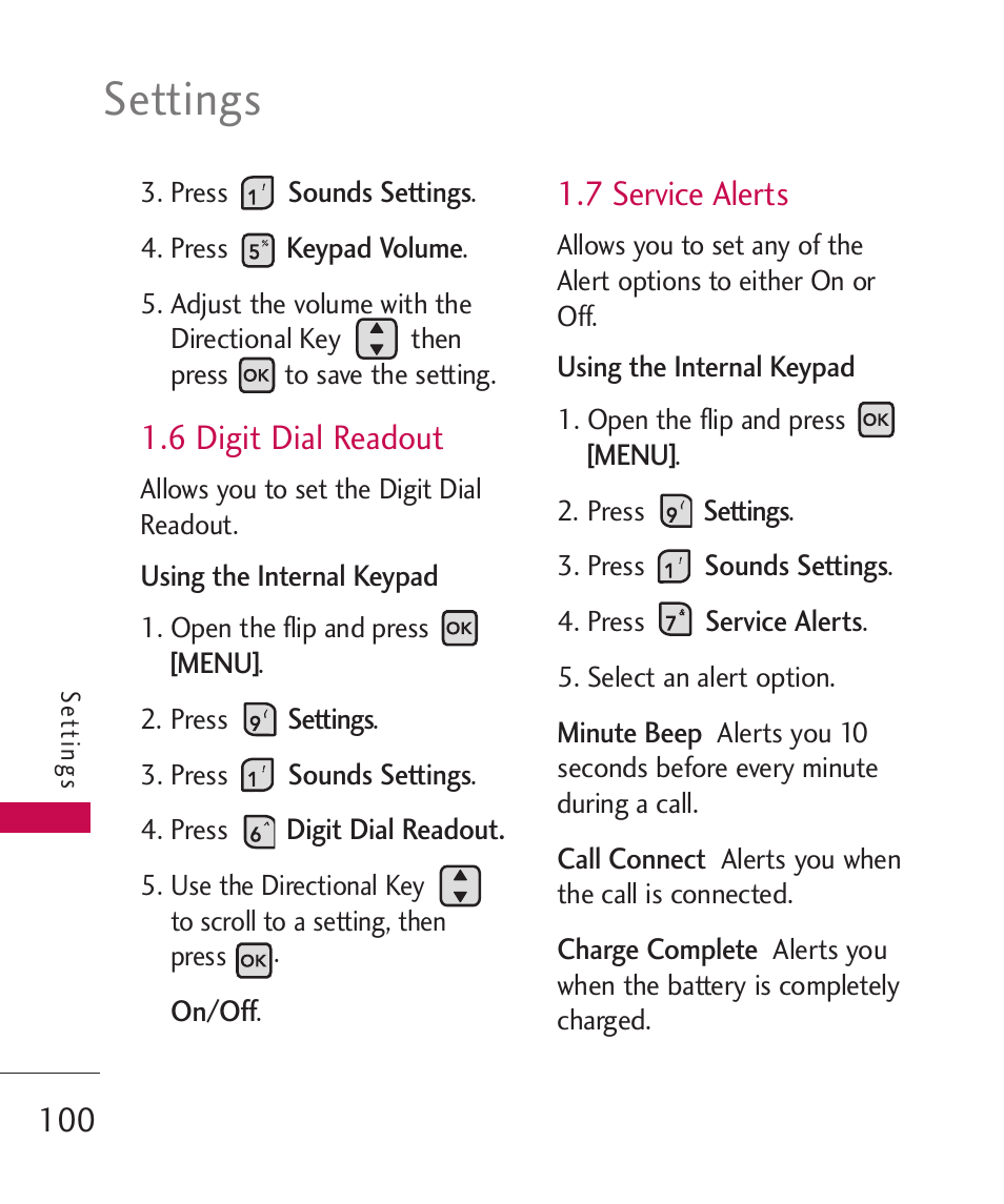 Settings, 6 digit dial readout, 7 service alerts | LG ELLIPSE 9250 User Manual | Page 102 / 169