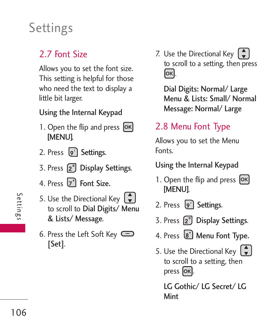Settings, 7 font size, 8 menu font type | LG ELLIPSE 9250 User Manual | Page 108 / 169