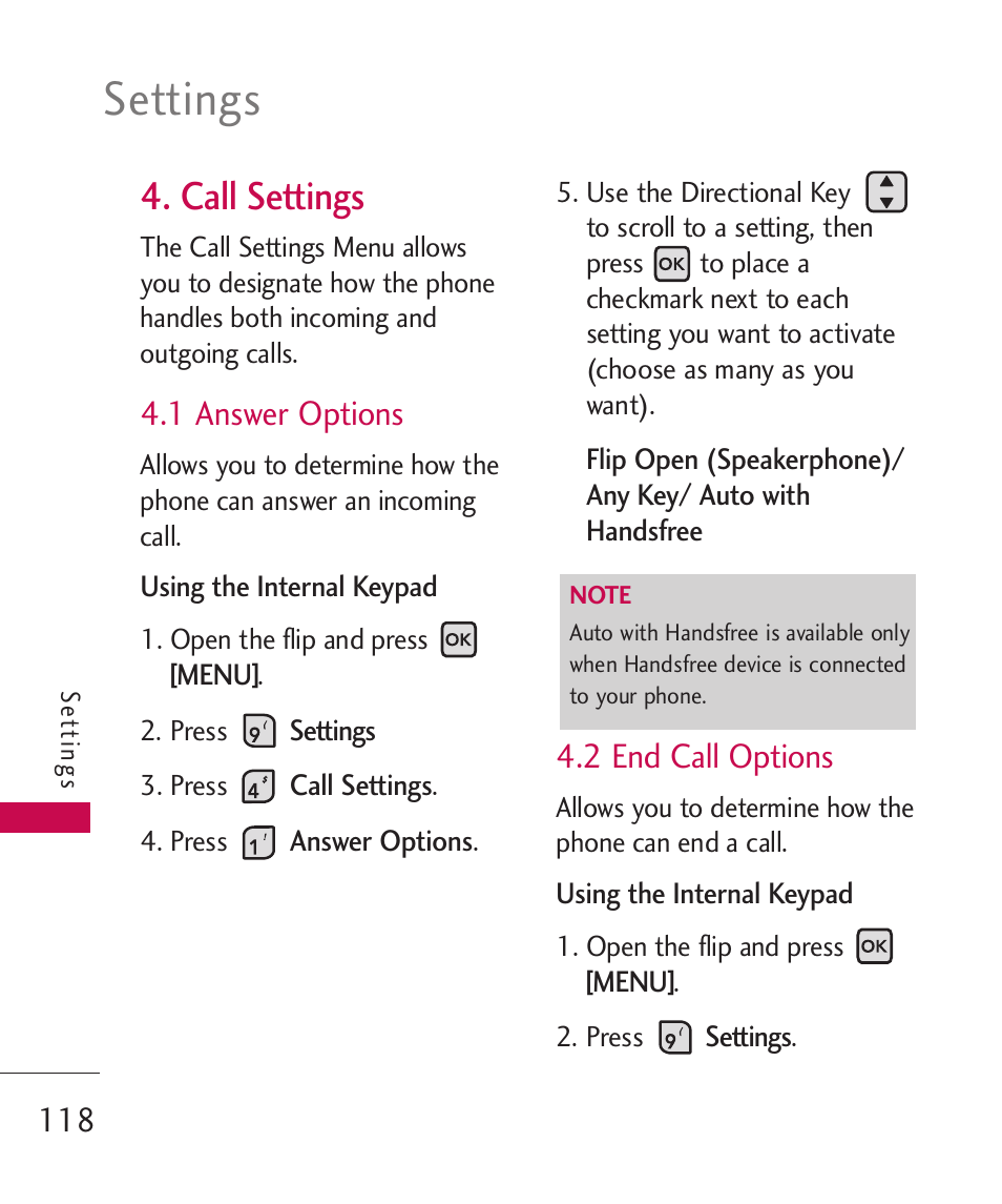Settings, Call settings, 1 answer options | 2 end call options | LG ELLIPSE 9250 User Manual | Page 120 / 169