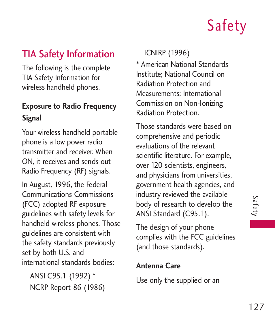 Safety, Tia safety information | LG ELLIPSE 9250 User Manual | Page 129 / 169
