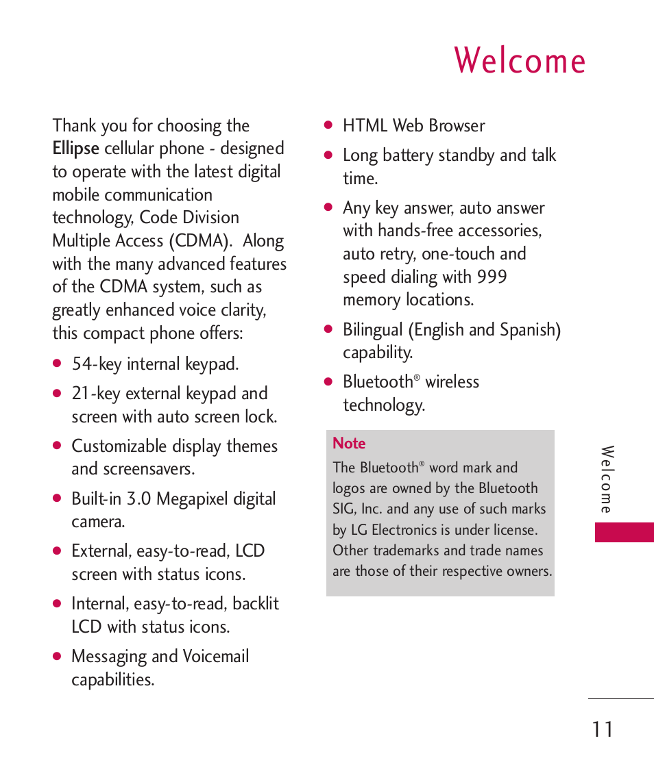 Welcome, Ellipse | LG ELLIPSE 9250 User Manual | Page 13 / 169