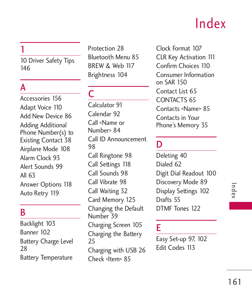 Index | LG ELLIPSE 9250 User Manual | Page 163 / 169