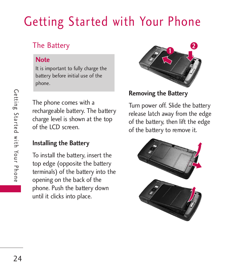 Getting started with your phone, The battery | LG ELLIPSE 9250 User Manual | Page 26 / 169