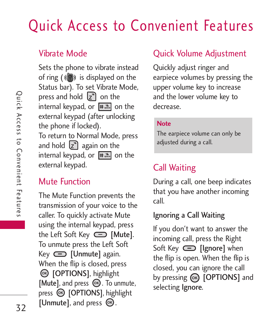 Quick access to convenient features, Vibrate mode, Mute function | Quick volume adjustment, Call waiting | LG ELLIPSE 9250 User Manual | Page 34 / 169