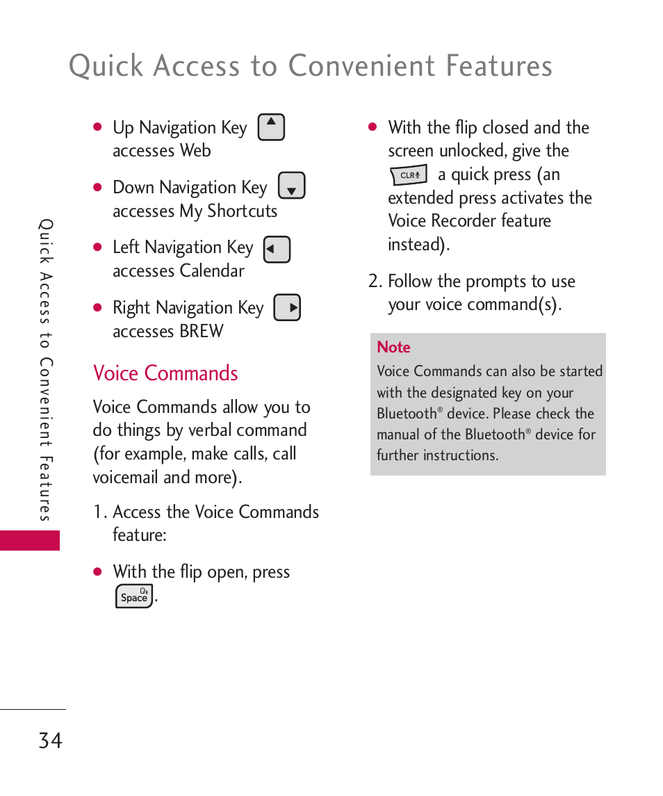 Quick access to convenient features, Voice commands | LG ELLIPSE 9250 User Manual | Page 36 / 169