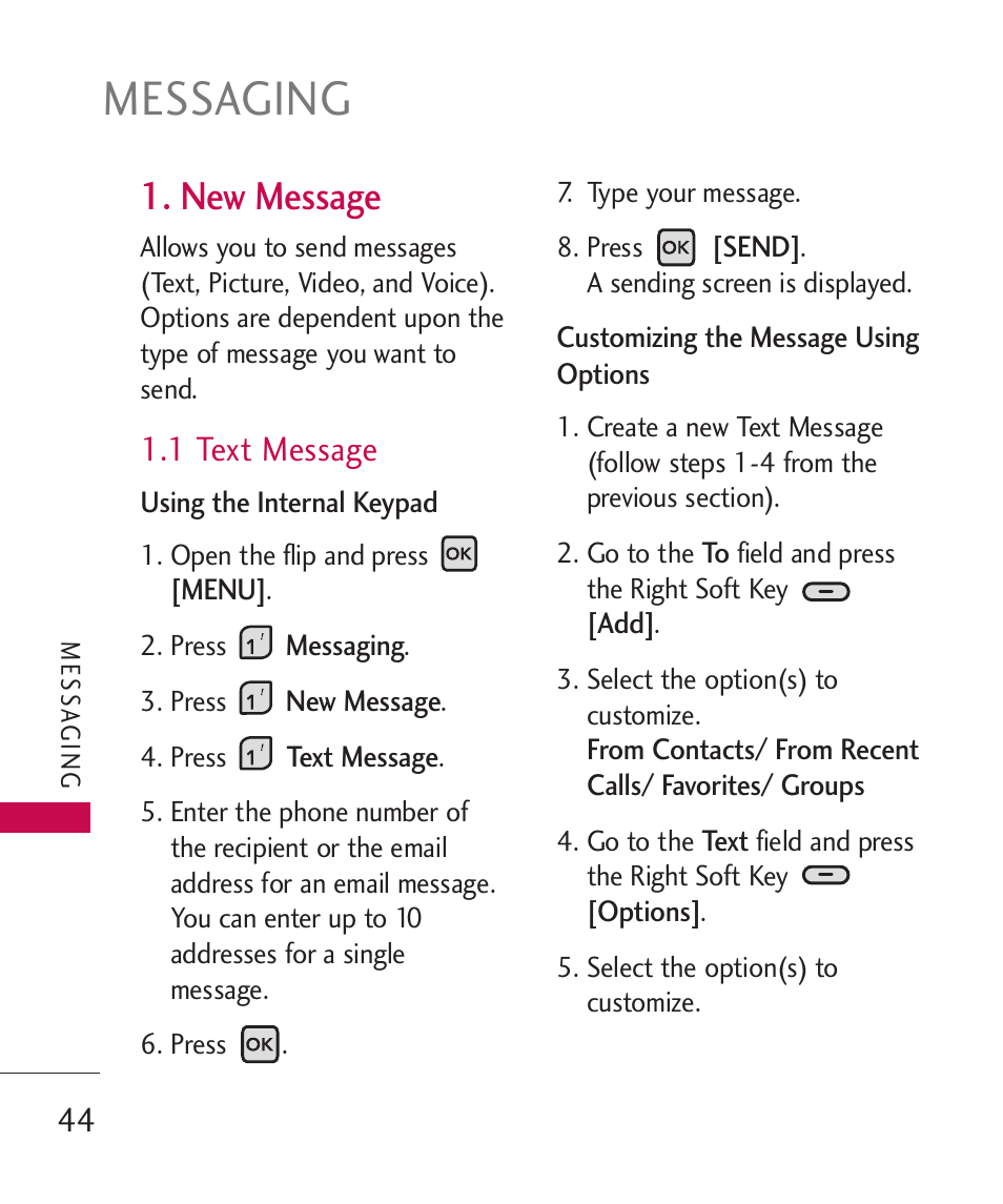 Messaging, New message, 1 text message | LG ELLIPSE 9250 User Manual | Page 46 / 169