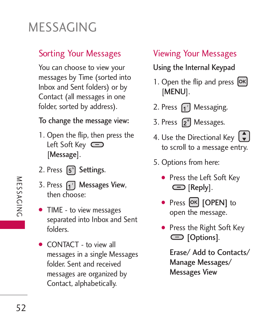 Messaging, Sorting your messages, Viewing your messages | LG ELLIPSE 9250 User Manual | Page 54 / 169