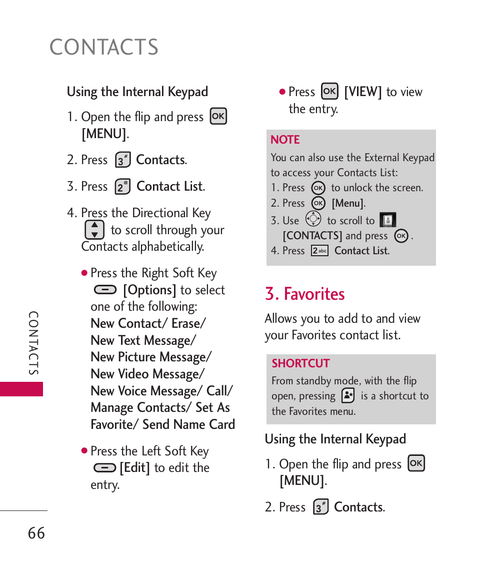 Contacts, Favorites | LG ELLIPSE 9250 User Manual | Page 68 / 169