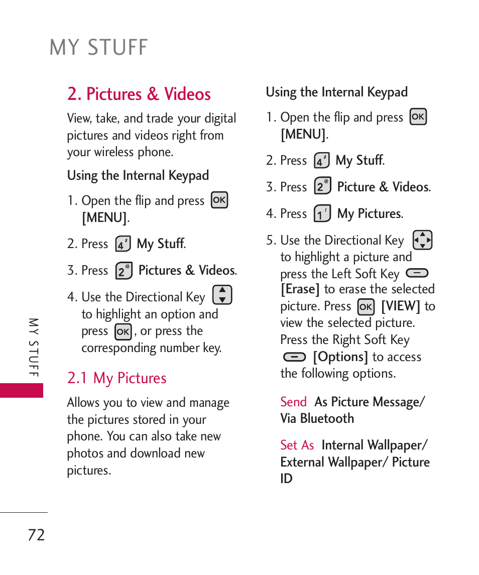 My stuff, Pictures & videos, 1 my pictures | LG ELLIPSE 9250 User Manual | Page 74 / 169