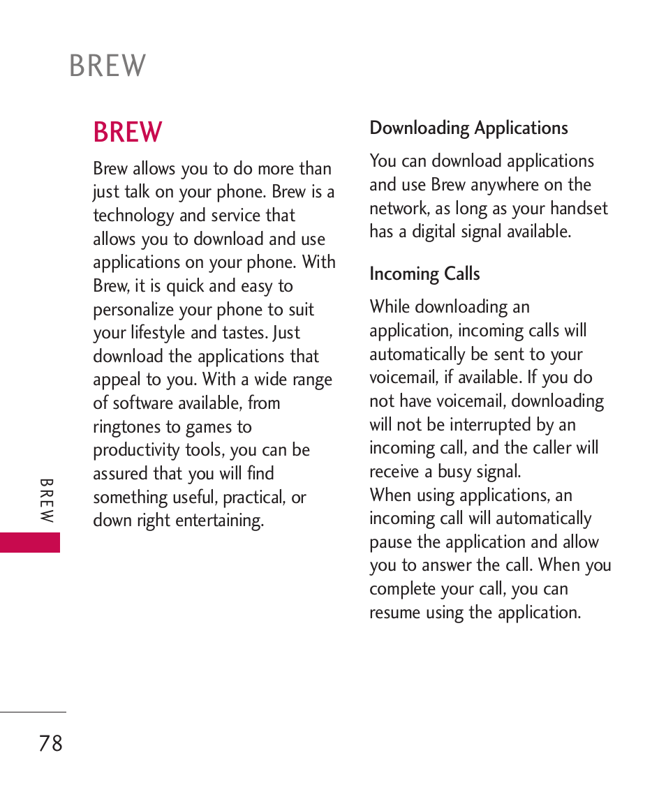 Brew | LG ELLIPSE 9250 User Manual | Page 80 / 169