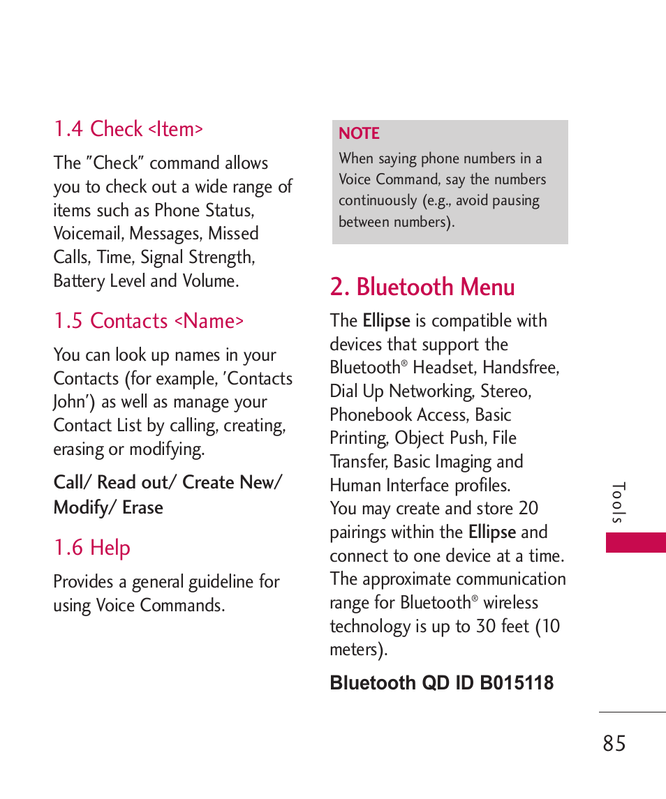Bluetooth menu, 4 check <item, 5 contacts <name | 6 help | LG ELLIPSE 9250 User Manual | Page 87 / 169