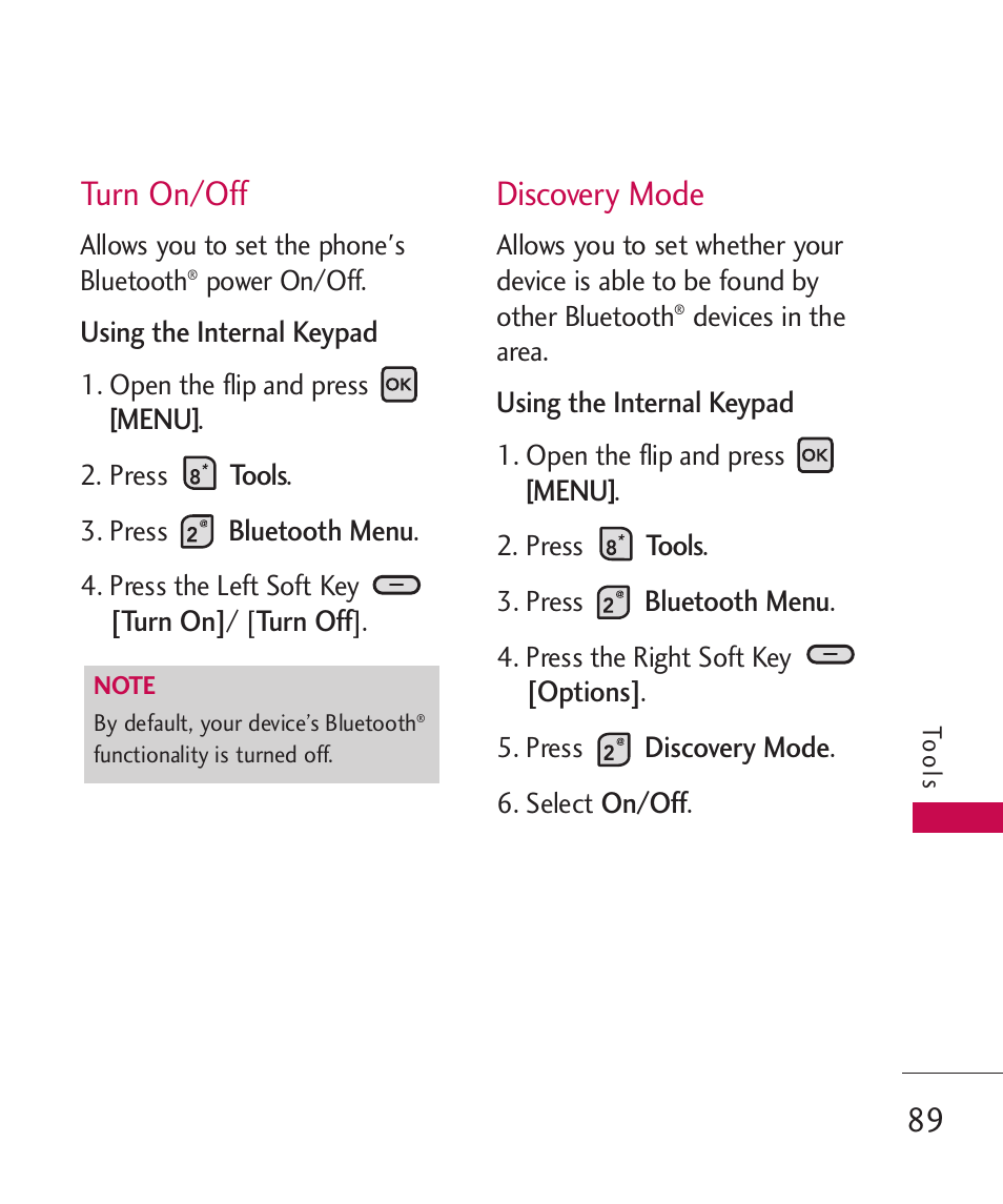 Turn on/off, Discovery mode | LG ELLIPSE 9250 User Manual | Page 91 / 169