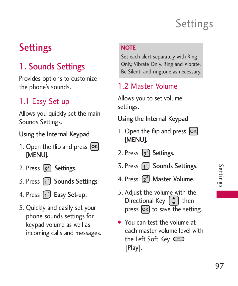 Settings, Sounds settings, 1 easy set-up | 2 master volume | LG ELLIPSE 9250 User Manual | Page 99 / 169