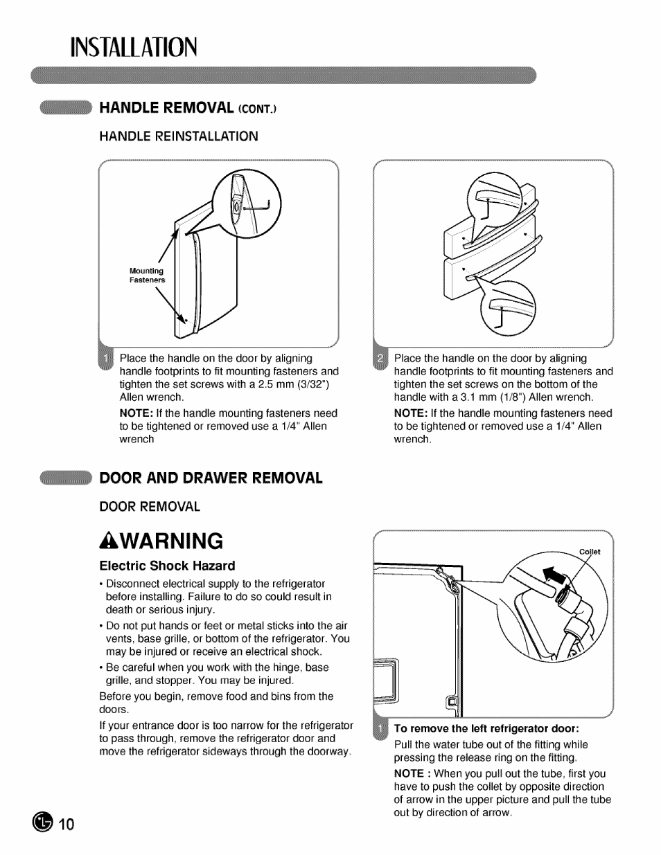 Door and drawer removal, Electric shock hazard, Installation | Warning | LG LMX21984 User Manual | Page 10 / 46