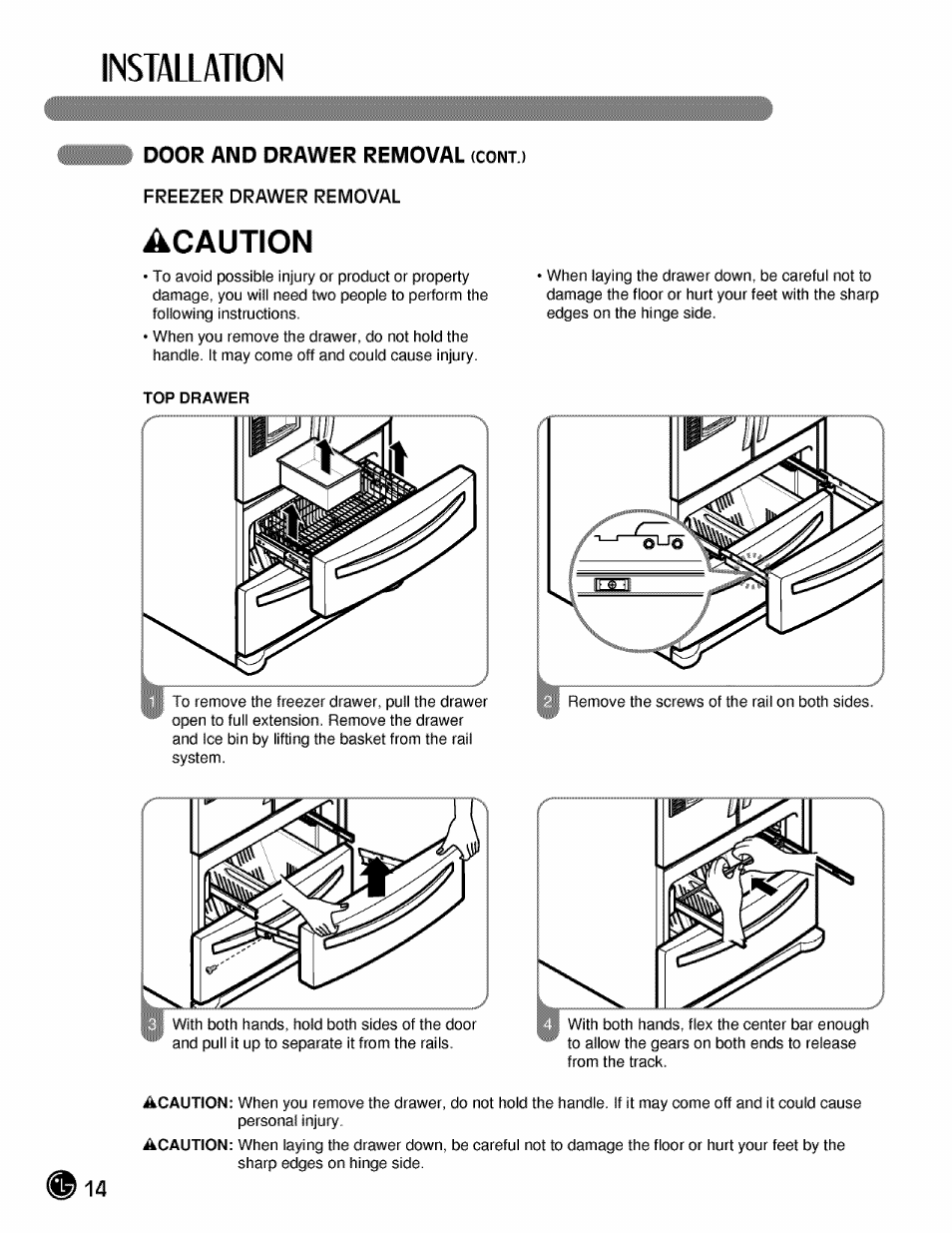 Door and drawer removal (contj, Installation, Acaution | LG LMX21984 User Manual | Page 14 / 46