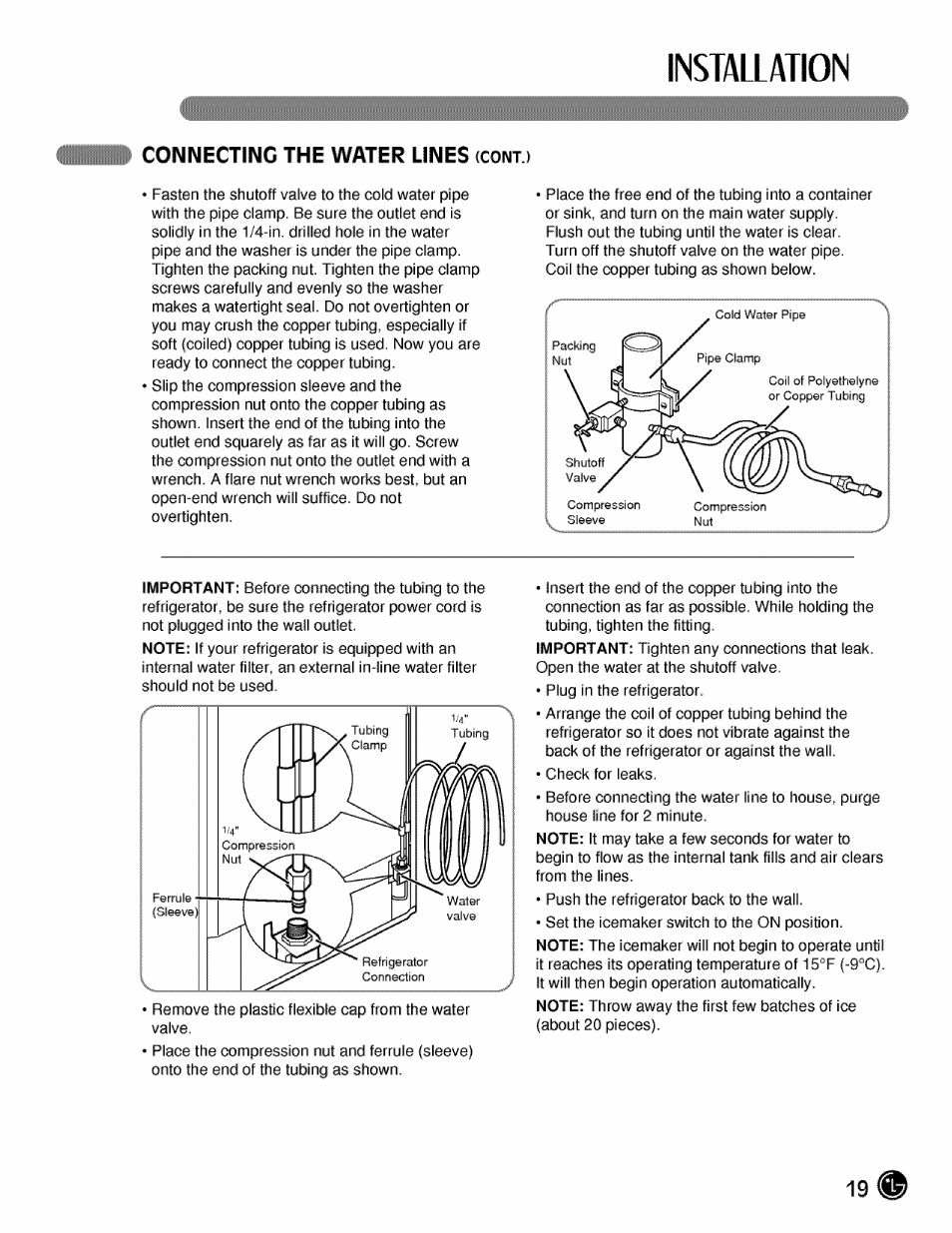 Connecting the water unes (contj, Installation, Connecting the water unes | LG LMX21984 User Manual | Page 19 / 46