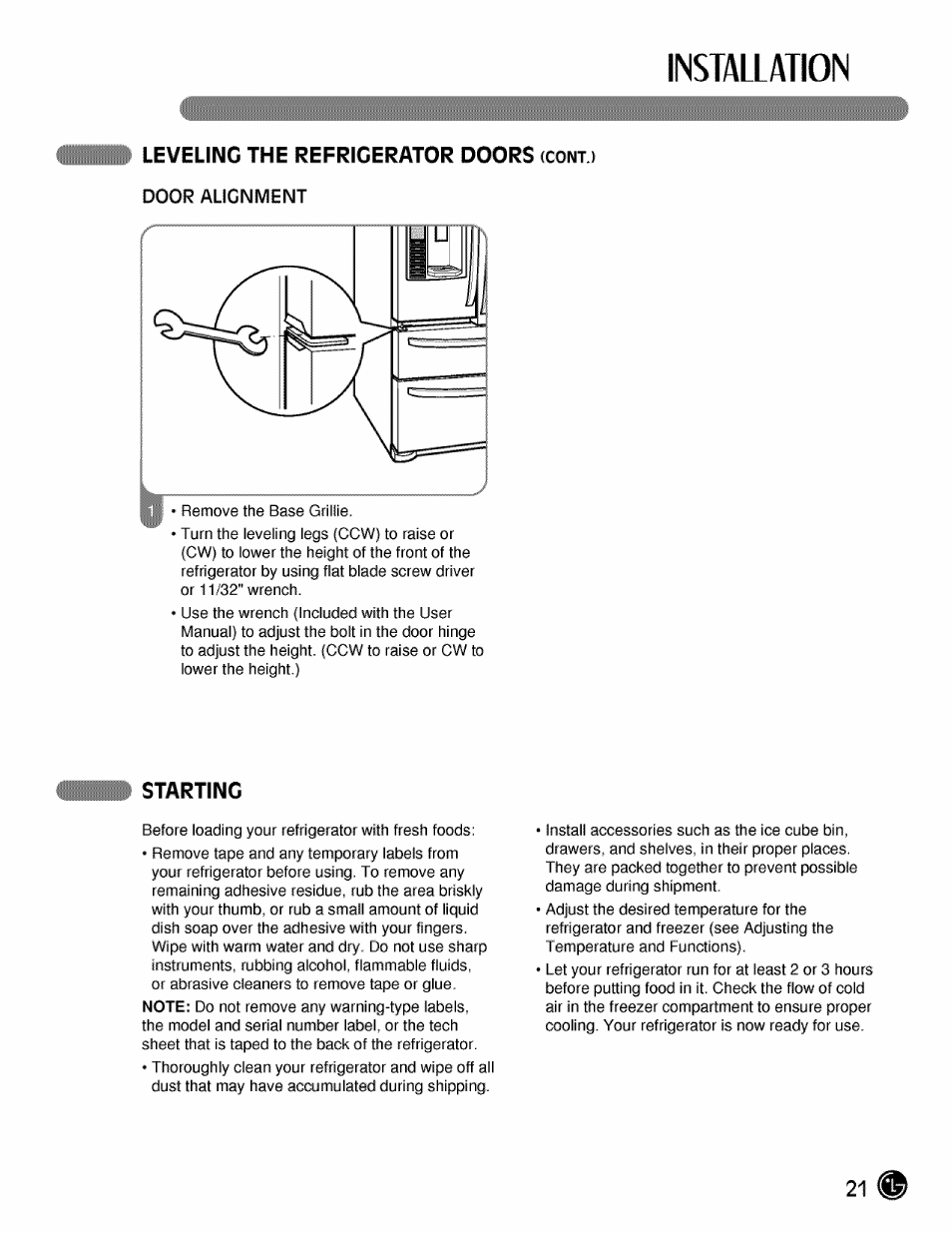 Leveling the refrigerator doors (cont.), Starting, Installation | Leveling the refrigerator doors | LG LMX21984 User Manual | Page 21 / 46