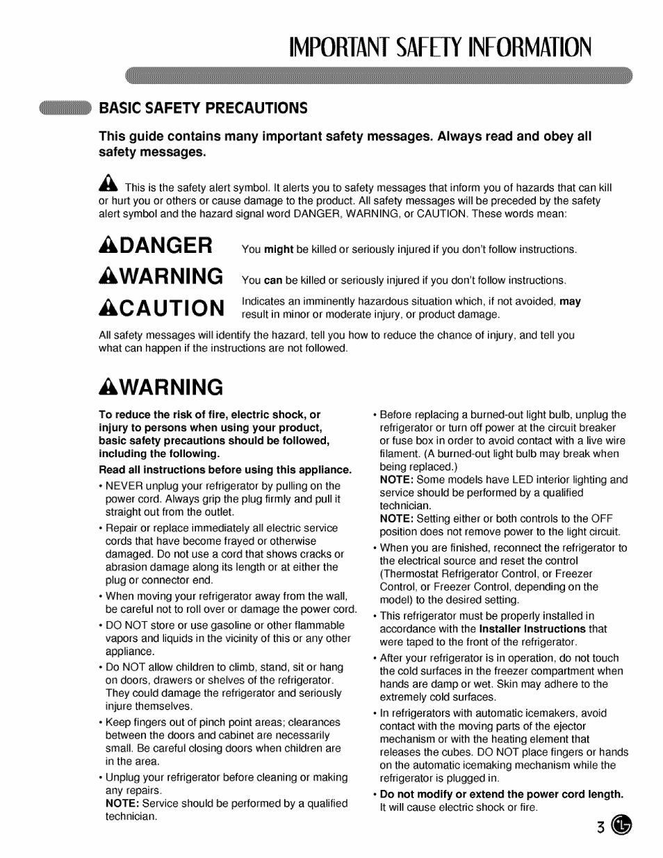 Basic safety precautions, To reduce the risk of fire, electric shock, or, Important safety information | Adanger awarning acaution, Awarning | LG LMX21984 User Manual | Page 3 / 46
