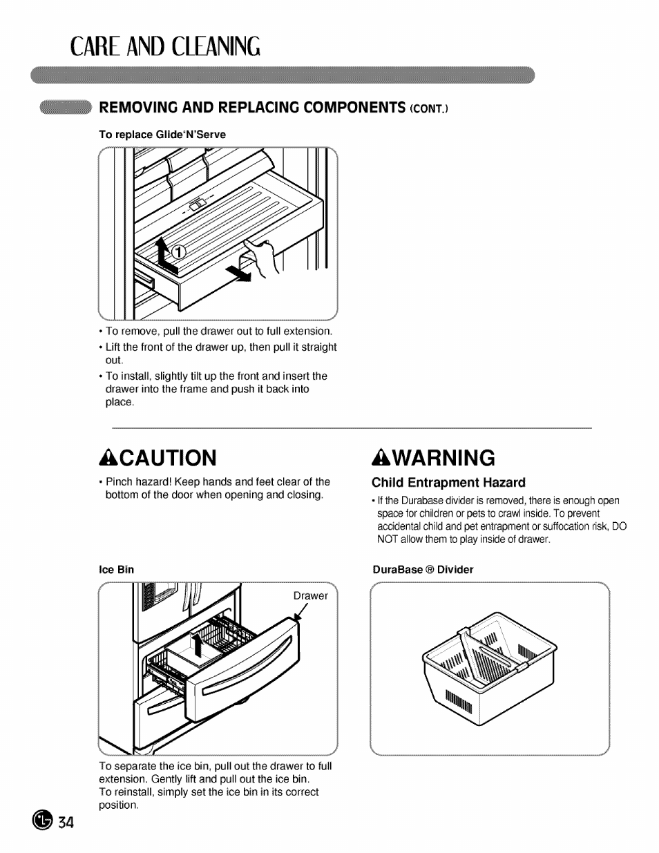 Removing and replacing components ccont.i, Care and cleaning, Acaution | Warning | LG LMX21984 User Manual | Page 34 / 46