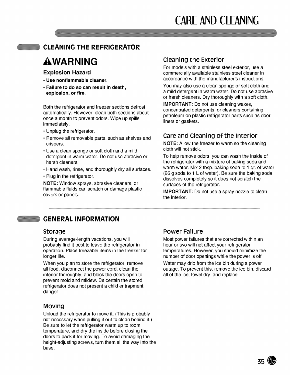 Cleaning the refrigerator, General information, Cleaning the refrigerator general information | Care and cleaning, Warning | LG LMX21984 User Manual | Page 35 / 46