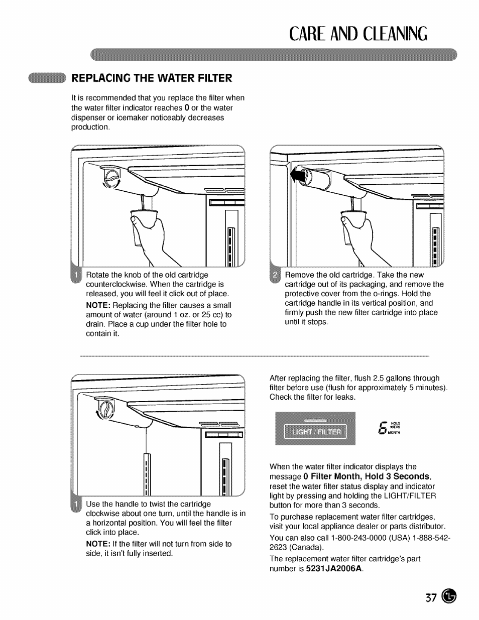 Replacing the water filter, Care and cleaning | LG LMX21984 User Manual | Page 37 / 46