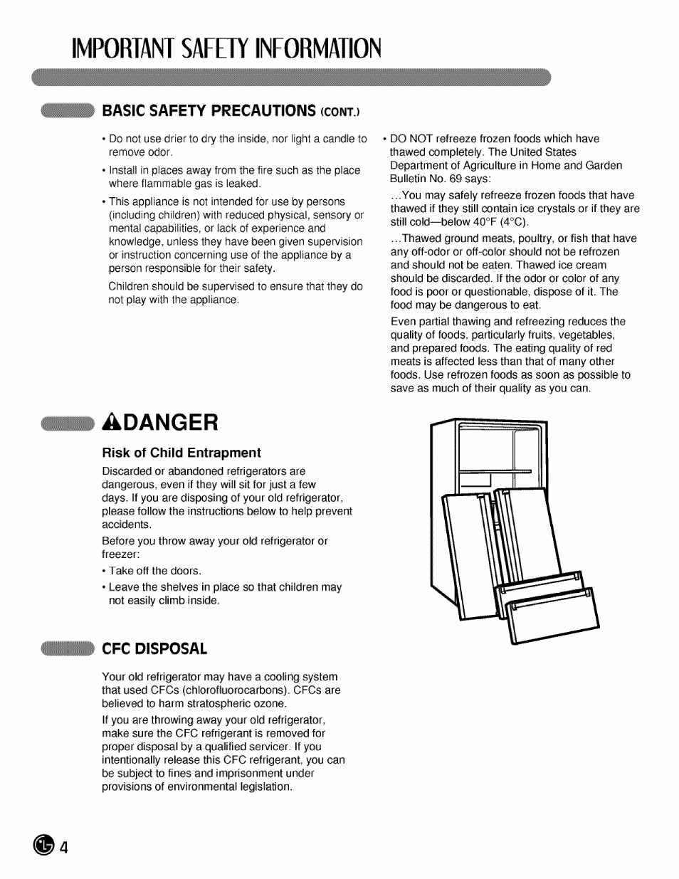 Basic safety precautions icont.), Cfc disposal, Basic safety precautions | Important safety information, Adanger | LG LMX21984 User Manual | Page 4 / 46
