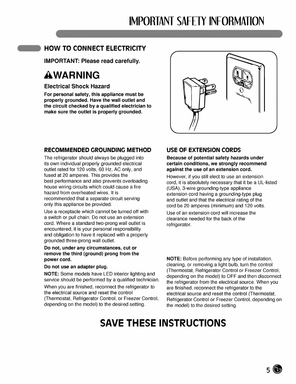 How to connect electricity, Important: please read carefully, Electrical shock hazard | Important safety information, Awarning, Save these instructions | LG LMX21984 User Manual | Page 5 / 46