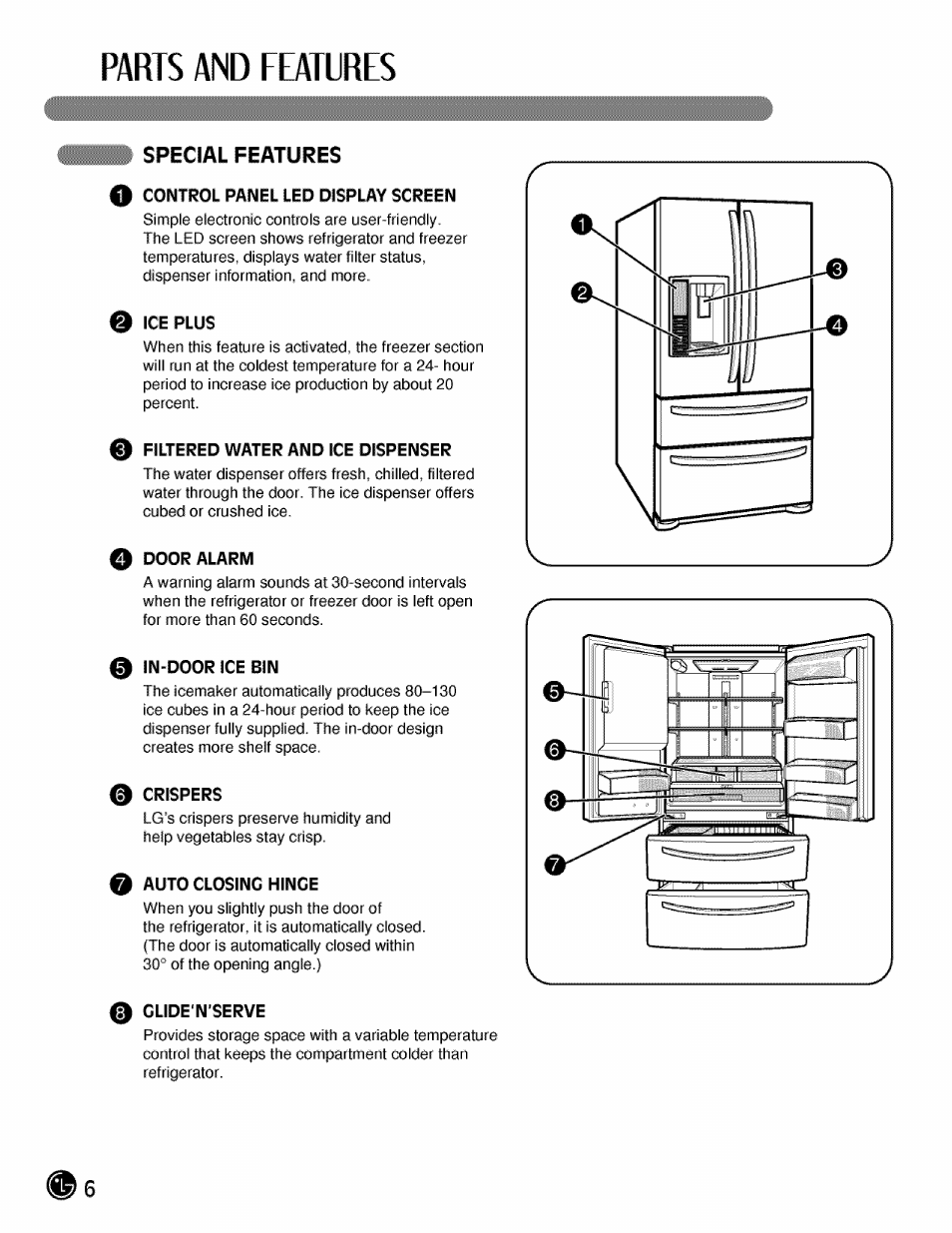 Special features, Ice plus, Filtered water and ice dispenser | Door alarm, 0 in-door ice bin, 0 crispers, 0 auto closing hinge, O glide'n'serve, Parts and features | LG LMX21984 User Manual | Page 6 / 46