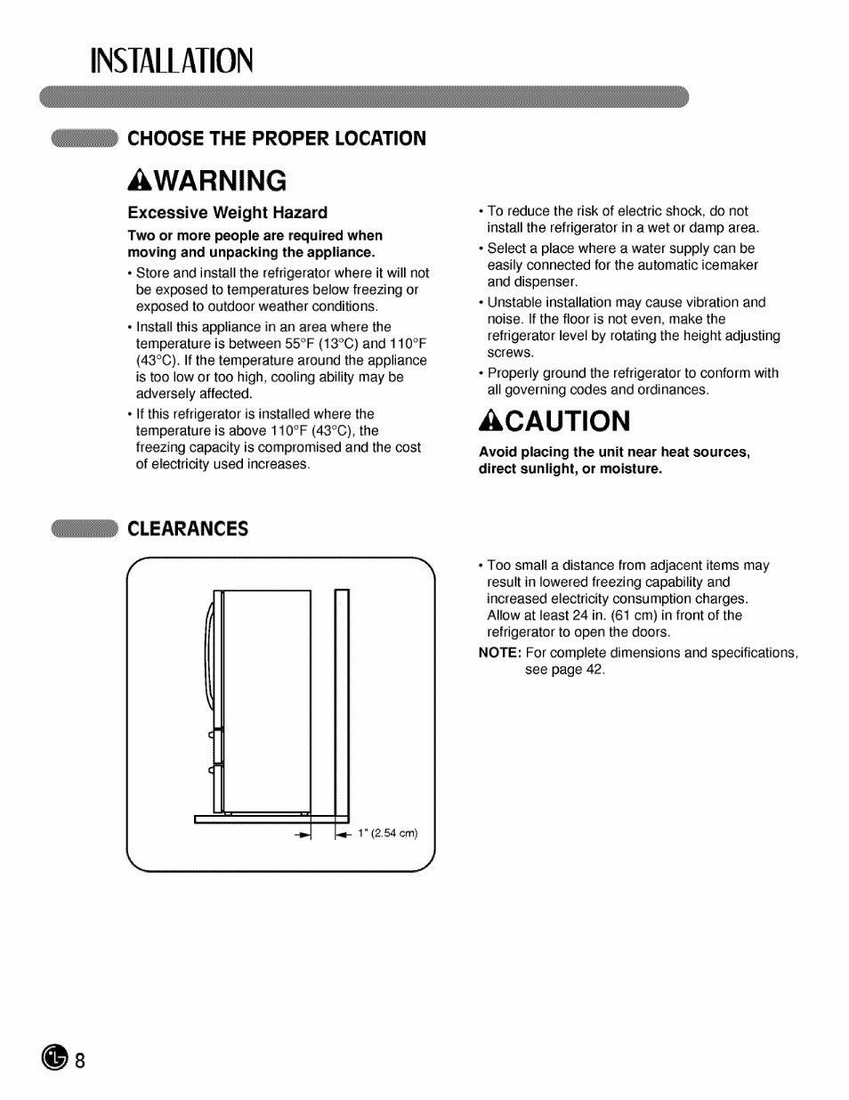 Choose the proper location, Clearances, Choose the proper location clearances | Installation, Awarning, Acaution | LG LMX21984 User Manual | Page 8 / 46
