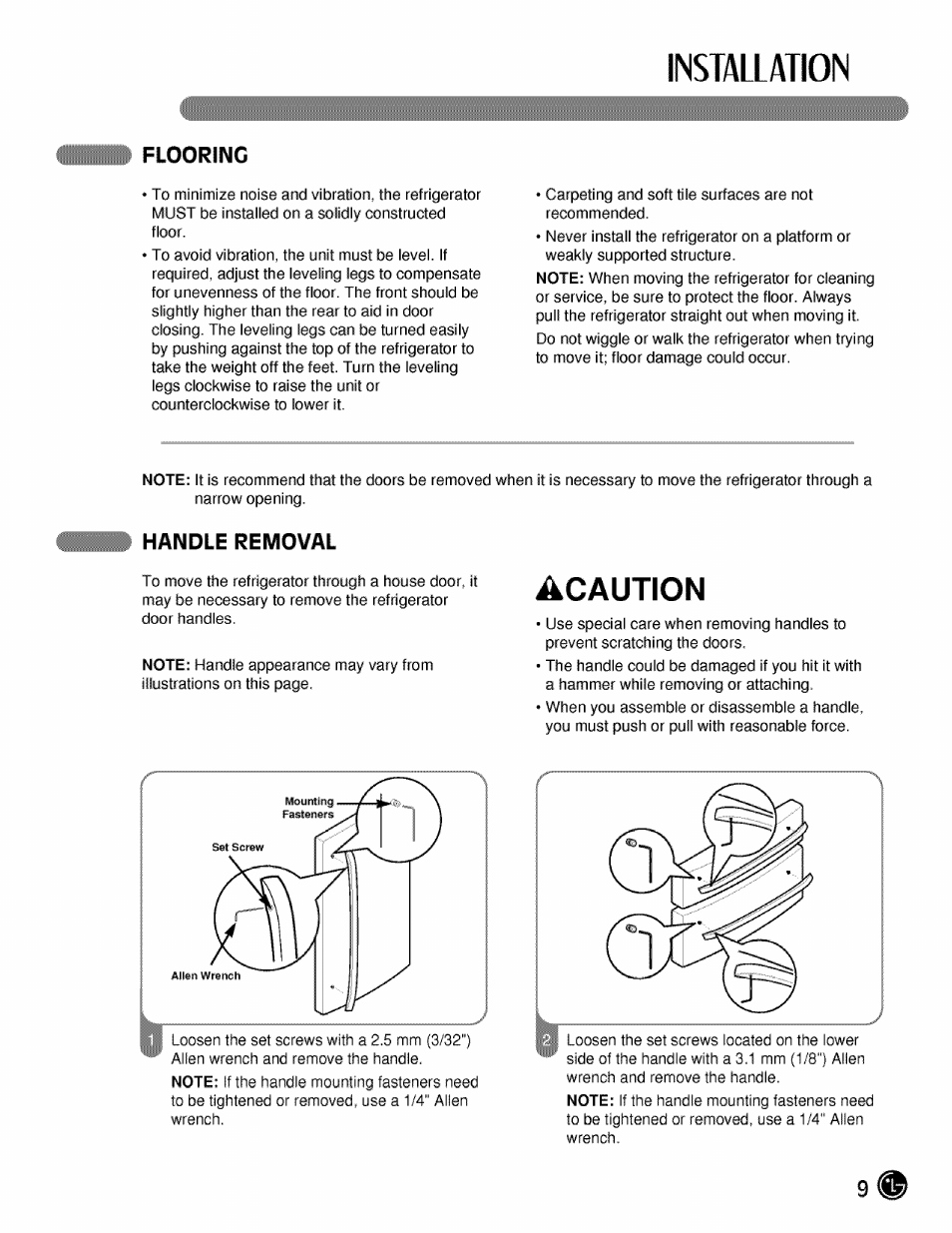 Flooring, Handle removal, Installation | Acaution | LG LMX21984 User Manual | Page 9 / 46