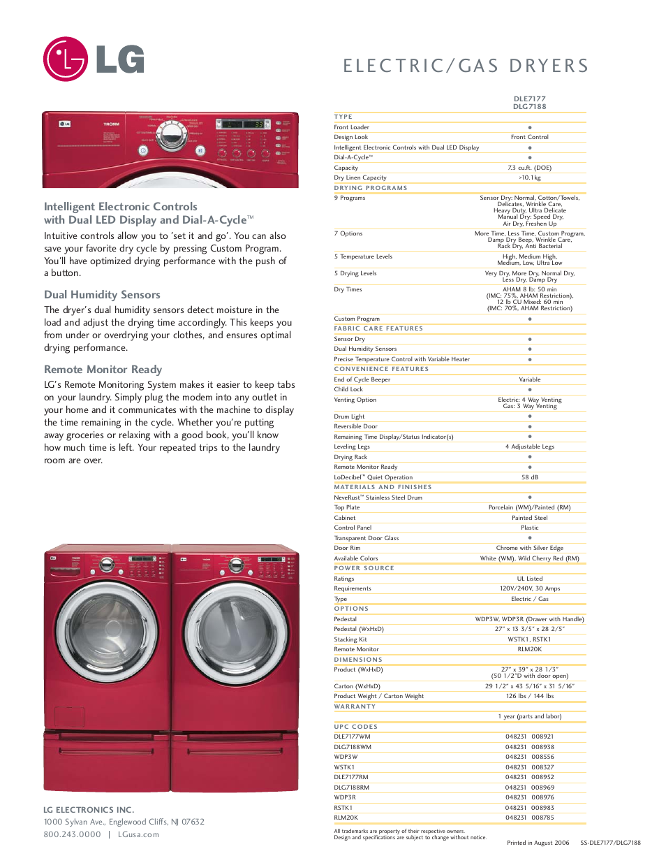 Dual humidity sensors, Remote monitor ready | LG DLE7177 User Manual | Page 2 / 2