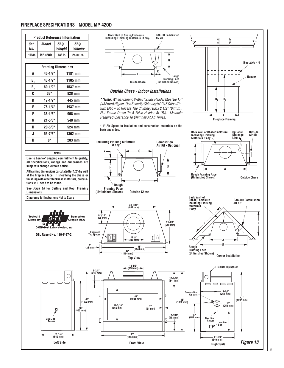 Fireplace specifications - model mp-42od figure 18, Outside chase - indoor installations | LG MP-42OD User Manual | Page 9 / 24