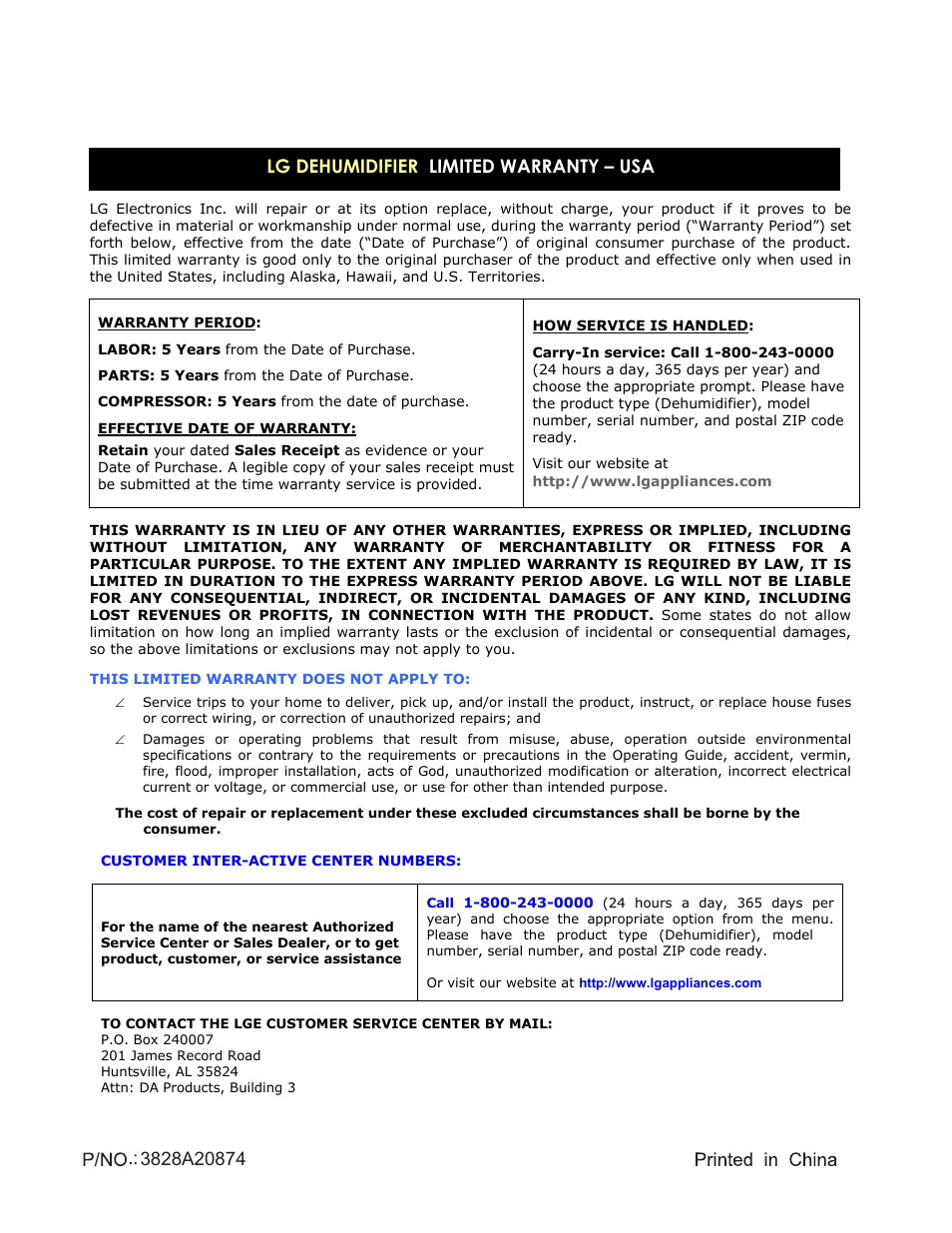 Lg dehumidifier limited warranty – usa | LG LD40E User Manual | Page 31 / 31