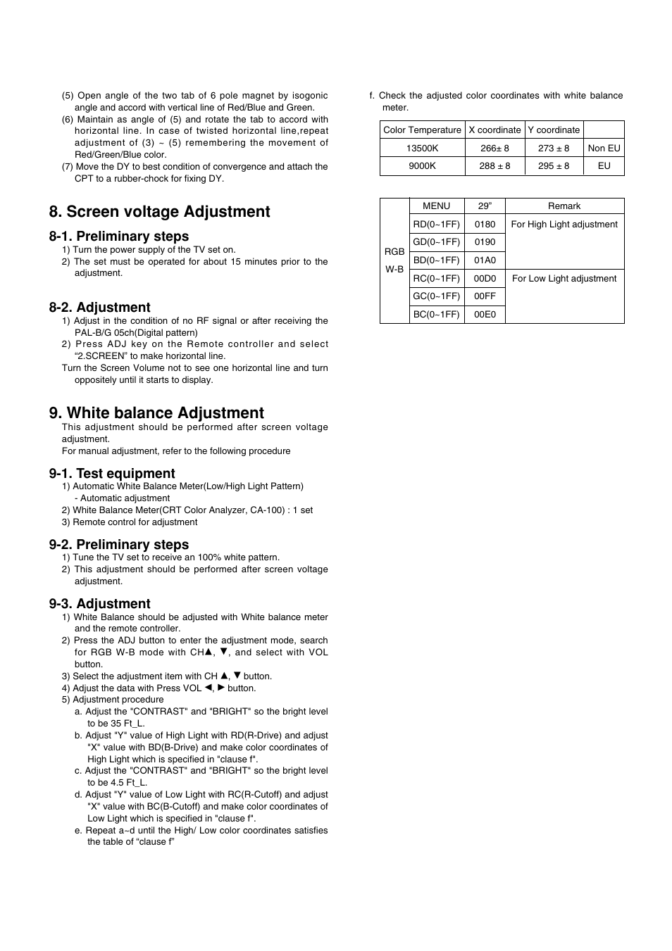 Screen voltage adjustment, White balance adjustment, 1. preliminary steps | 2. adjustment, 1. test equipment, 2. preliminary steps, 3. adjustment | LG 29FS2AMB/ANX User Manual | Page 10 / 40