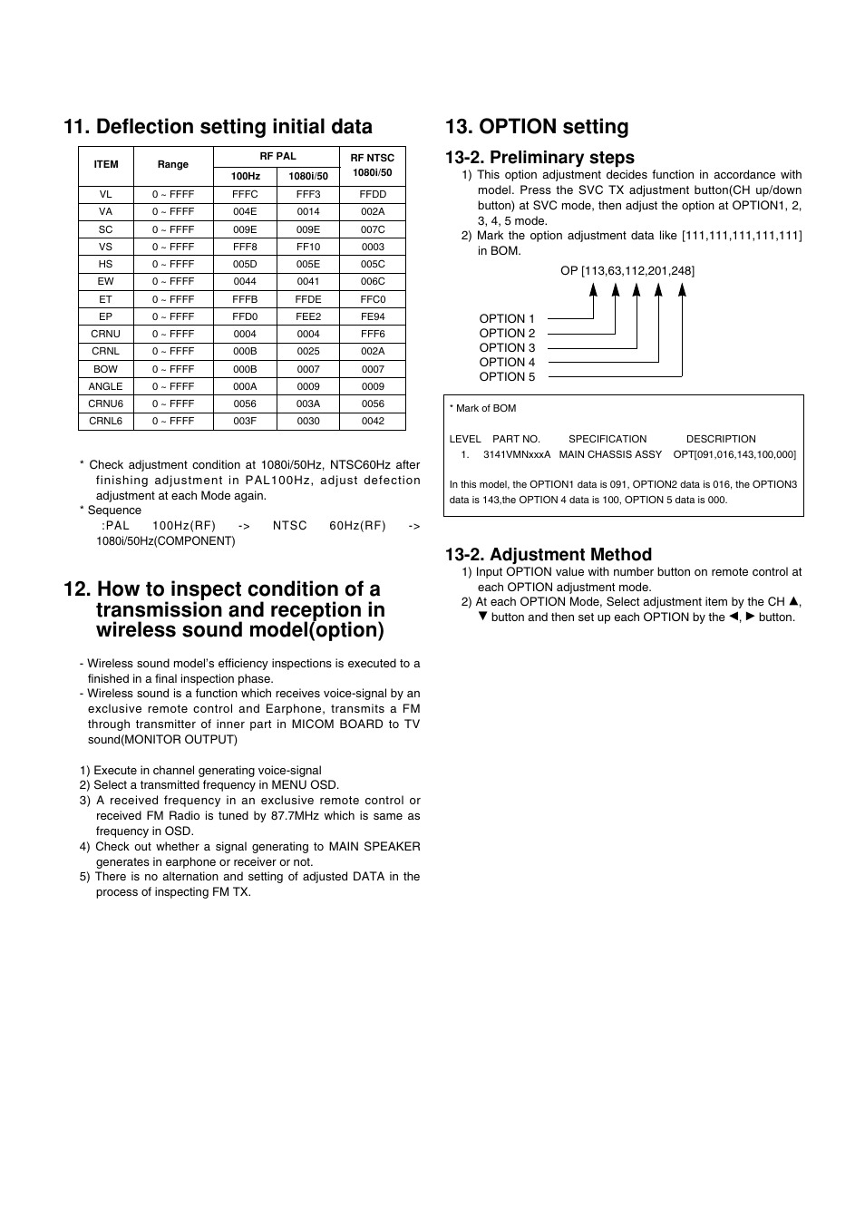 Deflection setting initial data, Option setting, 2. preliminary steps | 2. adjustment method | LG 29FS2AMB/ANX User Manual | Page 13 / 40
