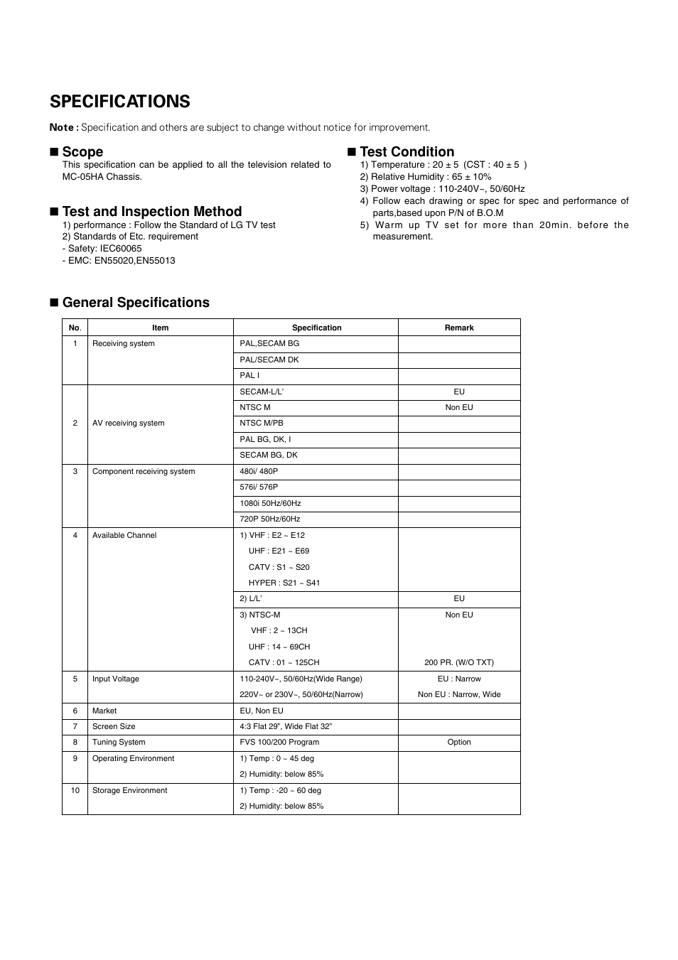 Specifications, Scope, Test and inspection method | Test condition, General specifications | LG 29FS2AMB/ANX User Manual | Page 7 / 40