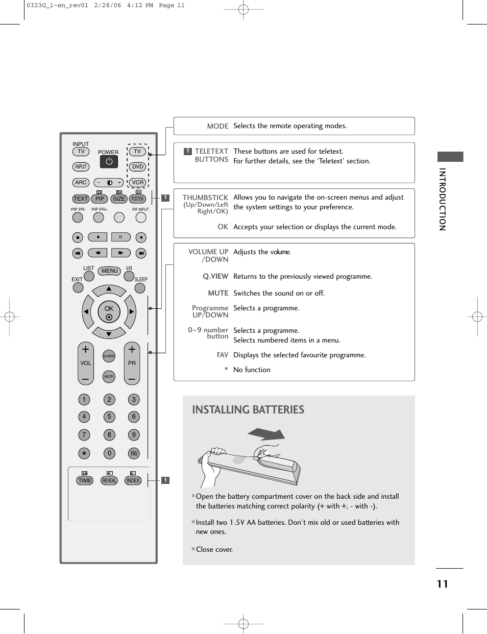 Installing batteries, Intr oduction | LG 26LC2R User Manual | Page 13 / 87