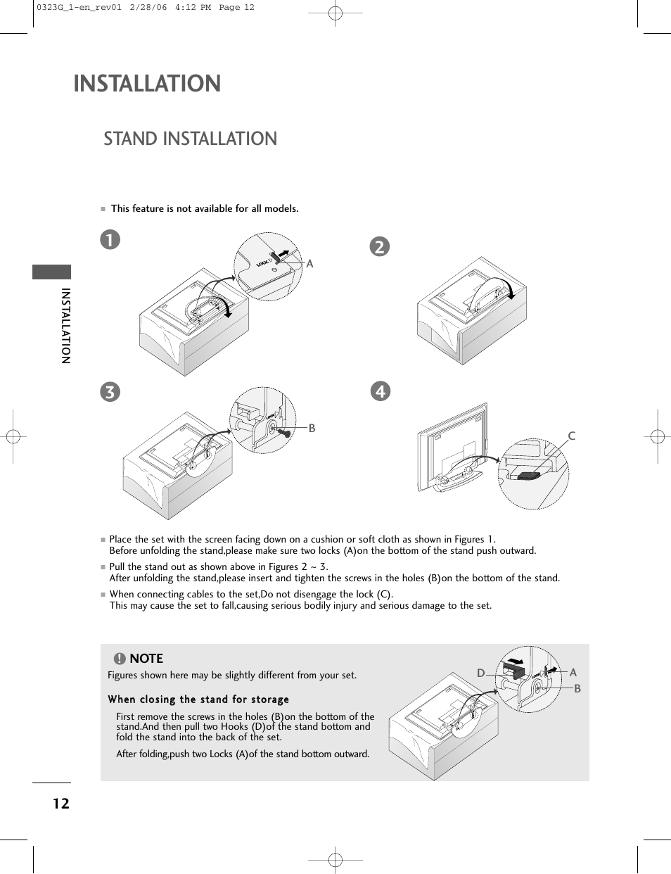 Installat ion, Stand installation | LG 26LC2R User Manual | Page 14 / 87