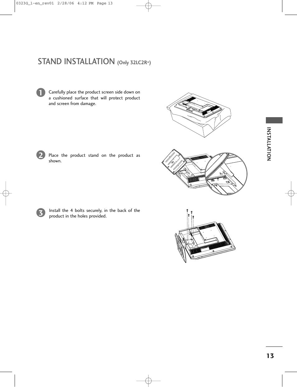 Stand installation | LG 26LC2R User Manual | Page 15 / 87