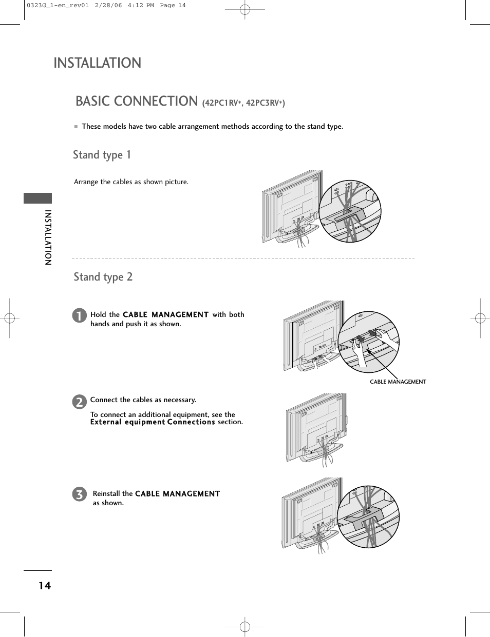 Installation, Basic connection, Stand type 1 stand type 2 | LG 26LC2R User Manual | Page 16 / 87